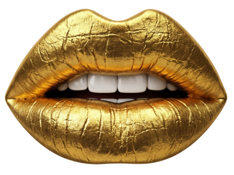 Golden lips isolated PNG on transparent background, glamorous gold foil lipstick with teeth for beauty and fashion design projects