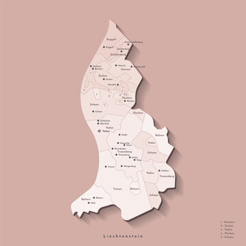 Vector isolated illustration. Simplified administrative map of Liechtenstein. Beige background of shapes of municipalities on brown background. Names of cities and villages