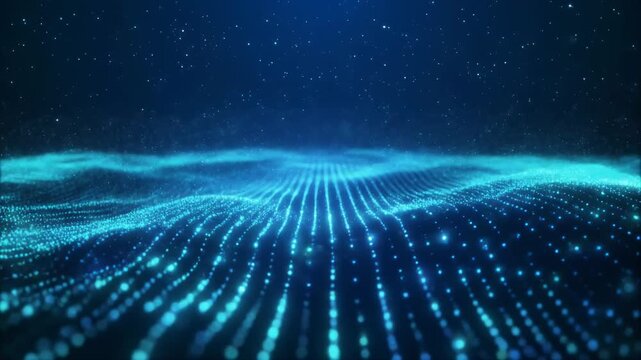 Abstract Digital Landscape of Glowing Blue Particles Forming Waves and Stars background technology