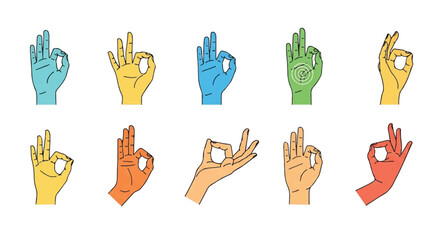 Colorful vector illustration set of sacred mudras, the spiritual hand gestures used for yoga and meditation, rendered in a modern 2D flat style isolated on a clean white backdrop.