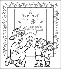 Coloring page for kids, Cute firefighter works for rescue vector line art illustration for coloring book