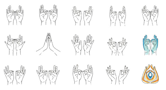 A vibrant collection of colorful hand-drawn spiritual mudras featuring diverse yoga and meditation gestures in a clean 2D flat vector illustration style isolated on white.
