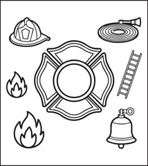 Coloring page for kids, Cute firefighter equipment works for rescue vector line art illustration for coloring book