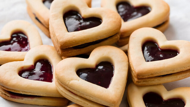 Delicious heart shaped cookies filled with sweet jam Valentine's Day celebrations