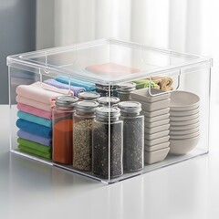 Clear organizing bin filled with colorful towels spices and small bowls