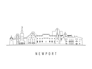 Obraz premium Detailed Newport skyline vector illustration. Newport buildings in line art style, perfect for modern designs.