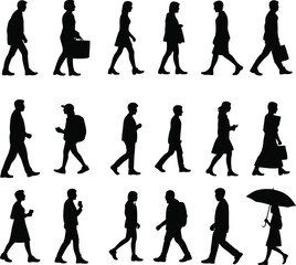 Vector silhouettes of people, men, and woman engaged in sport, dance, and business action illustration set