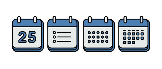 Four different calendar icons representing dates, lists, and schedules are displayed side-by-side.