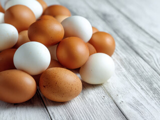 Fresh white and brown farm eggs carefully arranged on a rustic wooden surface showcasing natural textures and a variety of tones in the shells