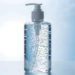 Clear hand sanitizer gel in pump bottle with bubbles