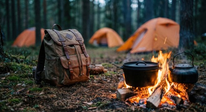 Vintage canvas backpack and a warm campfire create a cozy campsite scene in a pine forest at dusk with orange tents in the background - Powered by Adobe