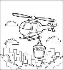 Coloring page for kids, Cute firefighter helicopter works for rescue vector line art illustration for coloring book