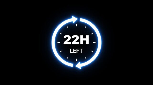 Digital clock icon with blue neon glow indicating 22 hours remaining on black 22 hours left countdown