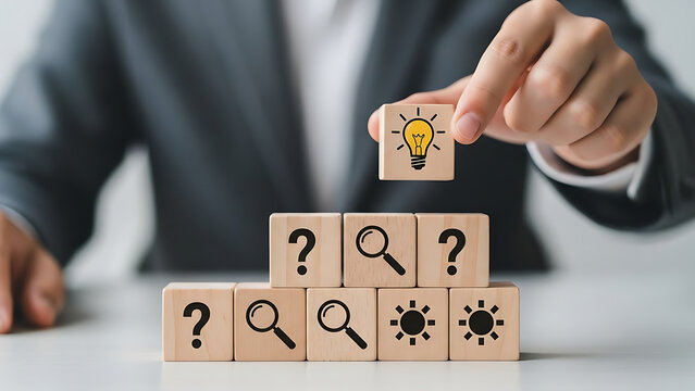 Business Concept with Wooden Blocks Displaying Questions Search and Idea Hand Holding the Idea Block