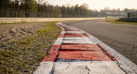 Weathered red and white race track curb with cracked paint sits beside the asphalt on a circuit during a warm, golden sunset with a shallow depth of field