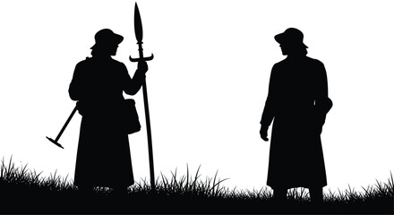 Silhouette of two historical soldiers standing on a grassy hill against a bright dramatic sky