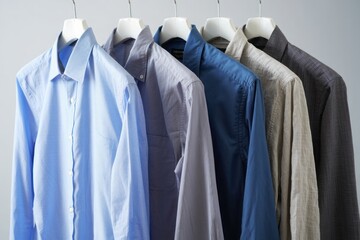 Row of neatly hung dress shirts in various colors and patterns