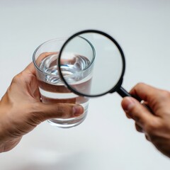 Magnifying glass examining a clear glass of water held by hands