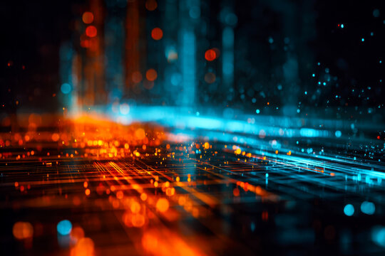 Vibrant digital data stream with glowing blue and orange light streaks