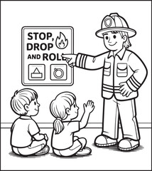 Coloring page for kids, Cute firefighter works for rescue vector line art illustration for coloring book