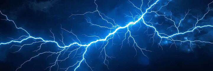 A vibrant bright blue lightning bolt with intense electric sparks and radiant glowing energy emanates from core