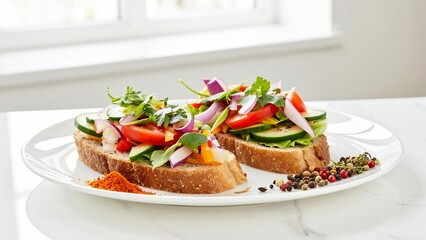 Freshly made bruschetta with vibrant vegetables and herbs on a white plate