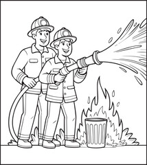 Coloring page for kids, Cute firefighter works for rescue vector line art illustration for coloring book