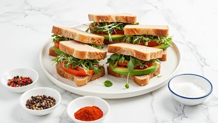 Freshly made healthy sandwiches stacked on a plate with ingredients