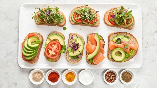 Assortment of healthy avocado toast and smoked salmon toasts - Powered by Adobe