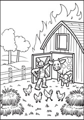 Coloring page for kids, Cute firefighter works for rescue vector line art illustration for coloring book