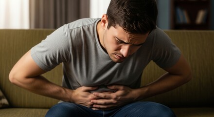 Man experiencing stomach pain and discomfort while sitting on a couch