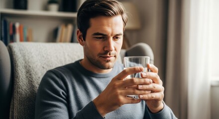 Man holding a glass of water indoors with a thoughtful expression