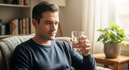 Man sitting in armchair holding a glass of water near a window