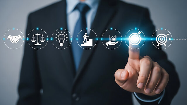 Business Man Touching Digital Screen Displaying Business Strategy Icons for Success and Growth
