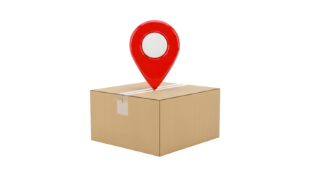 Cardboard box with red location pin isolated on transparent background