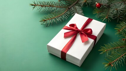 Single elegant white gift box with silver bow on the right side, solid green background, left side blank space for message, minimal Christmas style