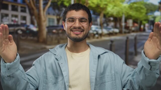 Man measures width with hands near face on busy street under green trees with parked cars behind; evaluation happiness.