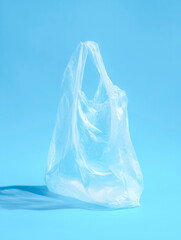 Fototapeta premium Transparent lightweight plastic shopping bag casting a soft shadow on a bright blue background with a minimalistic modern aesthetic and clean design