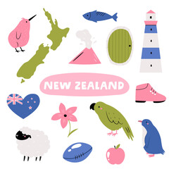 Cute New Zealand Ready Design with Kiwi, Kea Bird, Map, Sheep, Volcano, Lighthouse and Rugby Ball Illustration.