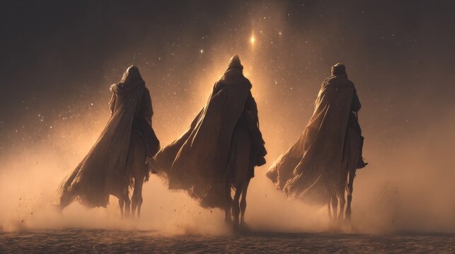 Three Magi journey through a desert at night following a bright star with flowing robes