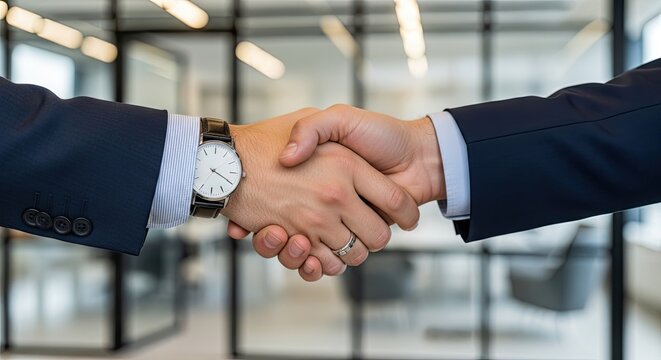Closeup of a handshake between two business people in an office setting, symbolizing agreement, partnership, and successful collaboration in a professional environment - Powered by Adobe