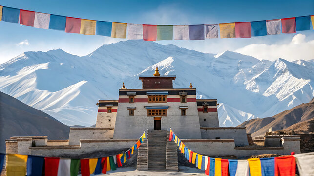 Himalayan monastery with prayer flags and snow capped mountains - Powered by Adobe