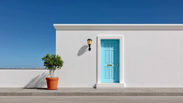 Bright blue door framed by white wall and vibrant green plant in terracotta pot, showcasing a serene outdoor scene with clear sky, camera pans slowly to capture the tranquil atmosphere