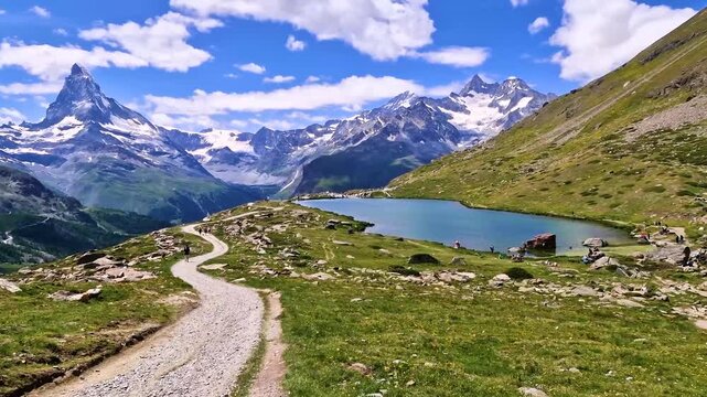 best hikes in Zermatt, the Five Lakes Trail (5-Seenweg) most famous hiking routs in Switzerland , Valais canton 4k hd video of walking route at Stellisee lake . iconic view of Matterhorn mountain