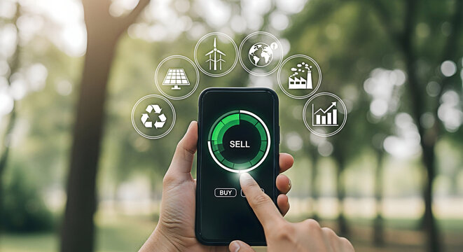 Sustainable energy app on phone for renewable resources and environmental conservation and eco friendly technology