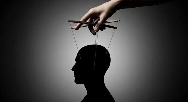 Silhouette of a mans head being controlled by puppet strings held by a hand, symbolizing manipulation, control, and the loss of free will and autonomy