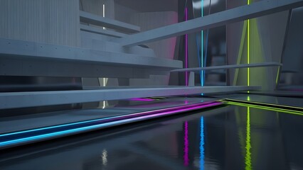 Futuristic Neon Interior with Geometric Architecture and Reflective Surfaces - Cyberpunk Digital Art