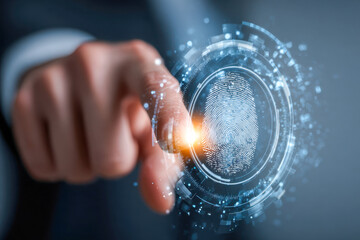 Businessman using futuristic biometric fingerprint scanning authentication technology for secure access and identity verification in digital security systems