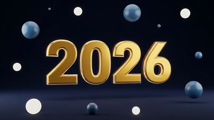 Golden 3d numbers 2026 floating in dark space with glowing orbs