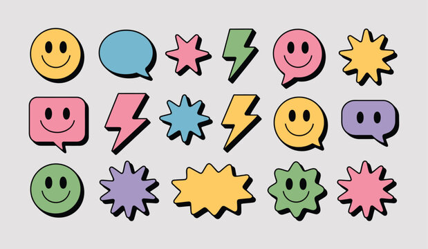 Collection of retro smiley faces, speech bubbles, stars, and lightning bolts vector illustration